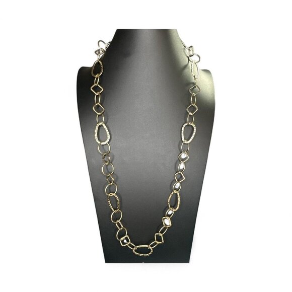 Gold-Tone Textured Oval & Geometric Link Long Necklace 15" - Picture 2 of 3